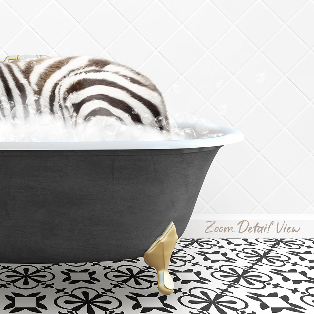 A zebra lying in a bathtub filled with bubbles, with a gold bathtub faucet and a patterned tile floor.
