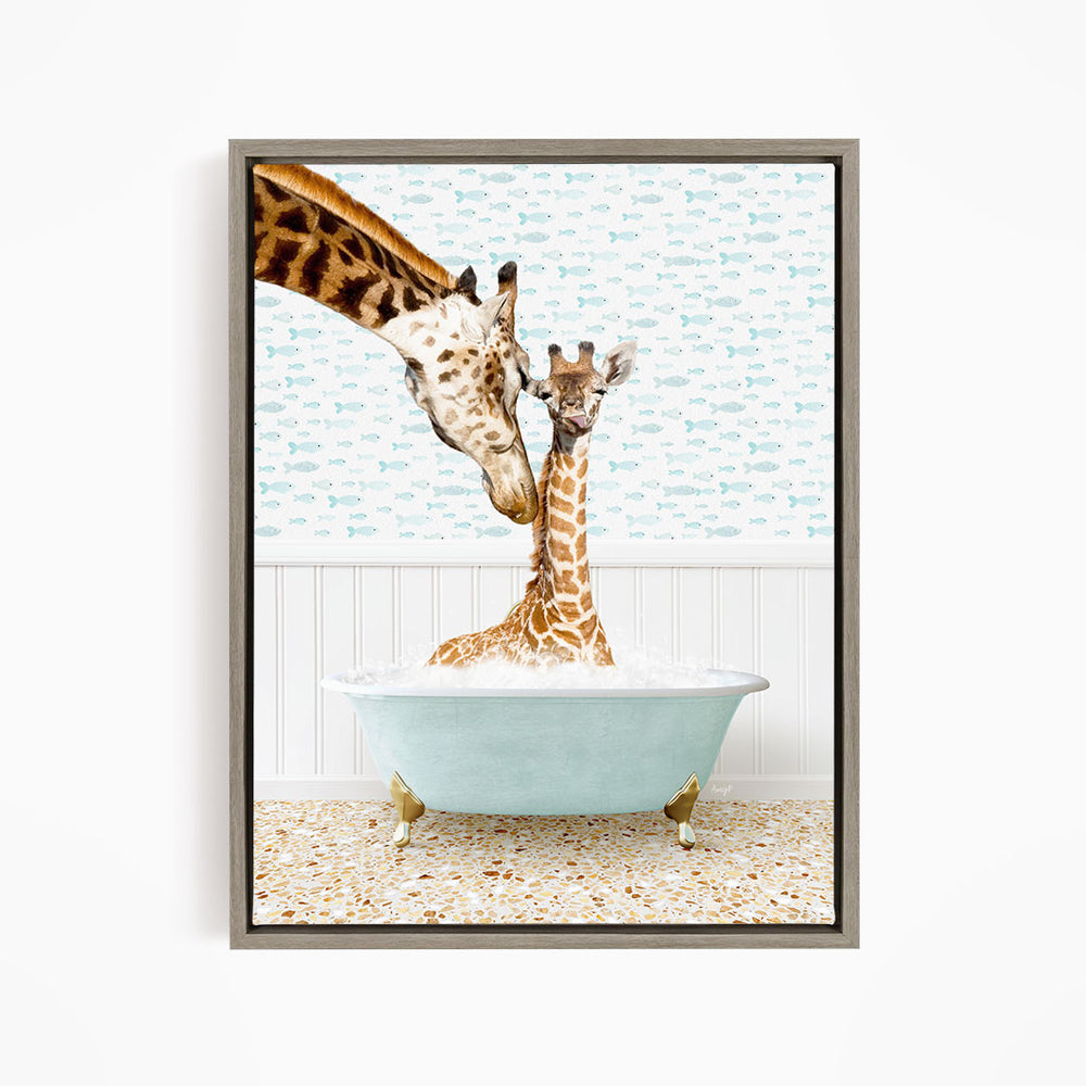 A giraffe and a baby giraffe are sitting in a bathtub filled with water, with the baby giraffe looking at the adult giraffe.