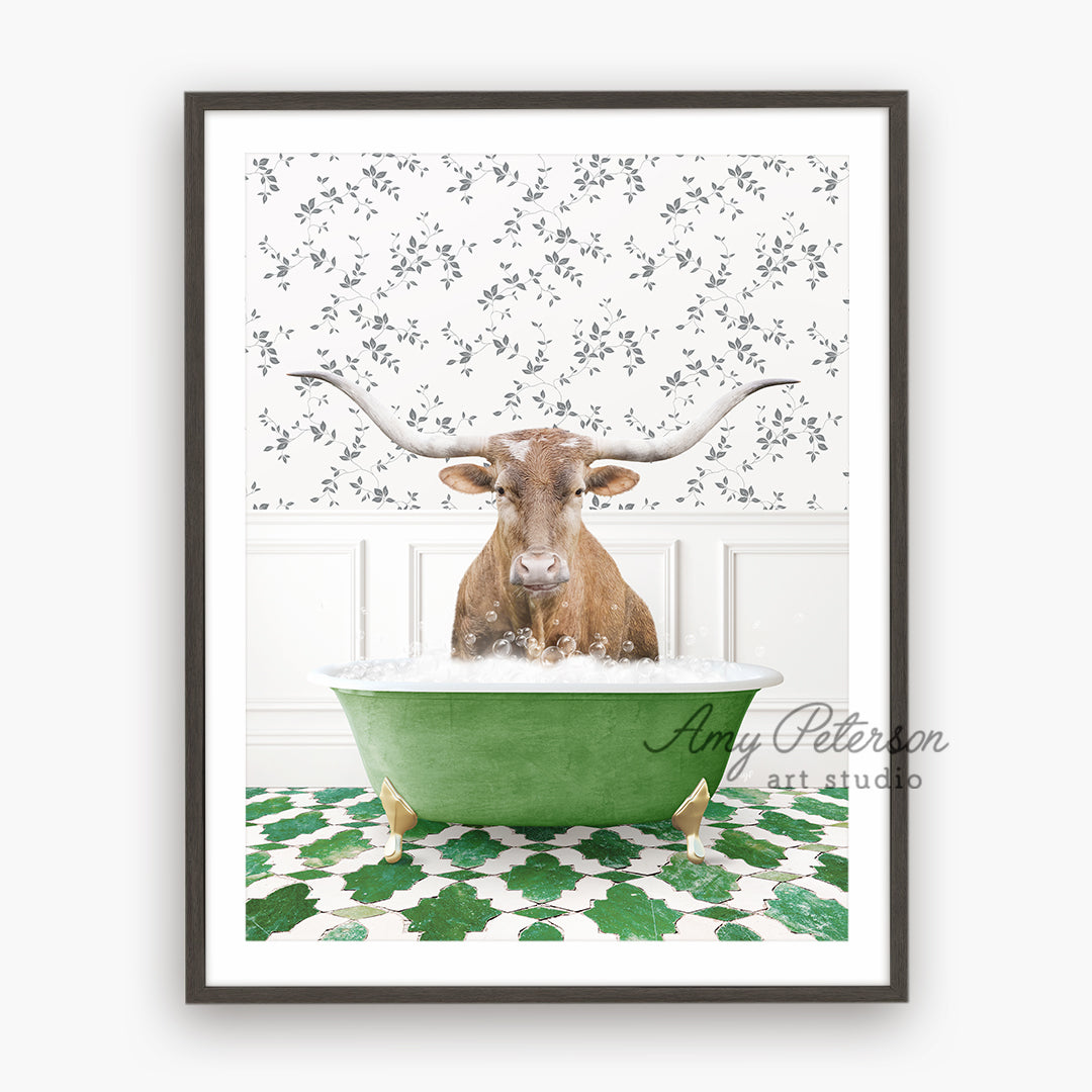 a bull with horns is sitting in a bathtub