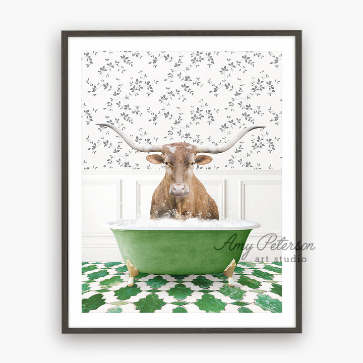 a bull with horns is sitting in a bathtub