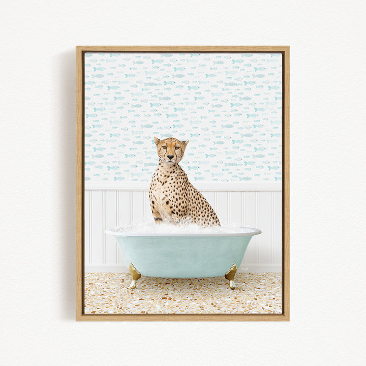 A cheetah sitting in a bathtub filled with water, surrounded by a pattern of fish.