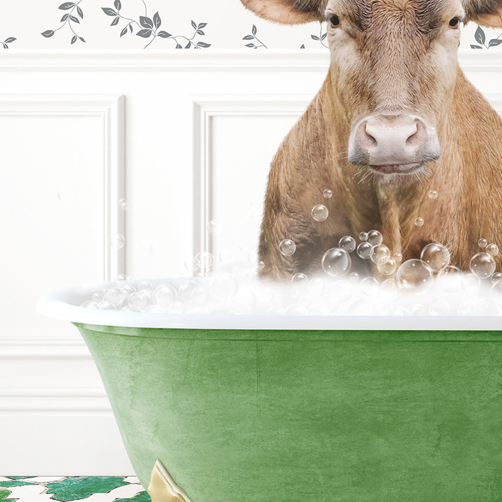 a brown cow sitting in a green bath tub filled with bubbles