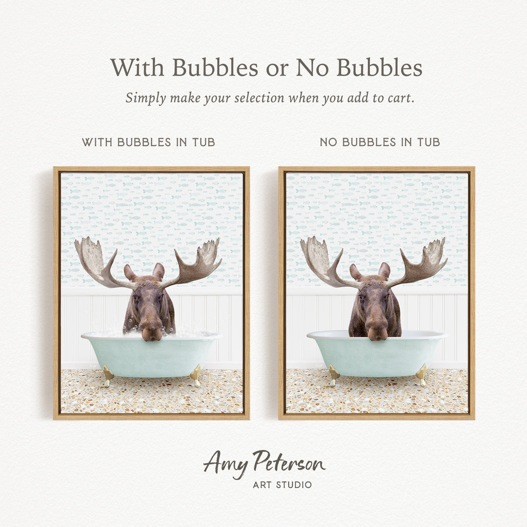 The image is a collage of two framed pictures, each featuring a moose in a bathtub. The moose in the bathtub has large antlers, and the other moose in the bathtub does not have antlers. The collage is titled "With Bubbles or No Bubbles" and is created by Amy Peterson from Art Studio.