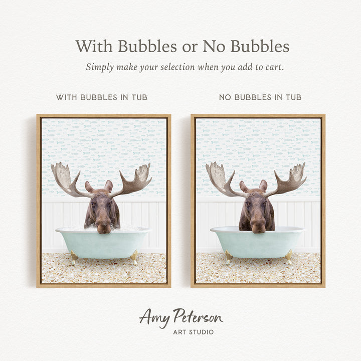 The image is a collage of two framed pictures, each featuring a moose in a bathtub. The moose in the bathtub has large antlers, and the other moose in the bathtub does not have antlers. The collage is titled "With Bubbles or No Bubbles" and is created by Amy Peterson from Art Studio.