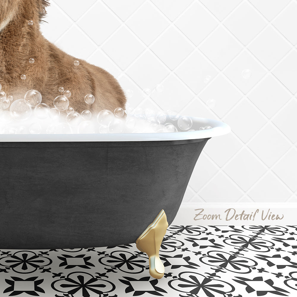 A dog is sitting in a bathtub filled with bubbles, surrounded by a patterned tile floor.