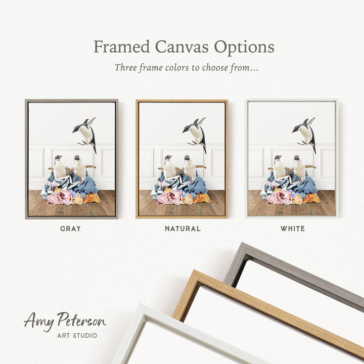 three framed canvas options, each with a different color: gray, natural, and white. The text above the images reads " Framed Canvas Options" and "Three frame colors to choose from...". The text below the images reads "Grays", "Naturals", and "Whites". The artist's name, Amy Peterson, is also mentioned at the bottom of the image.