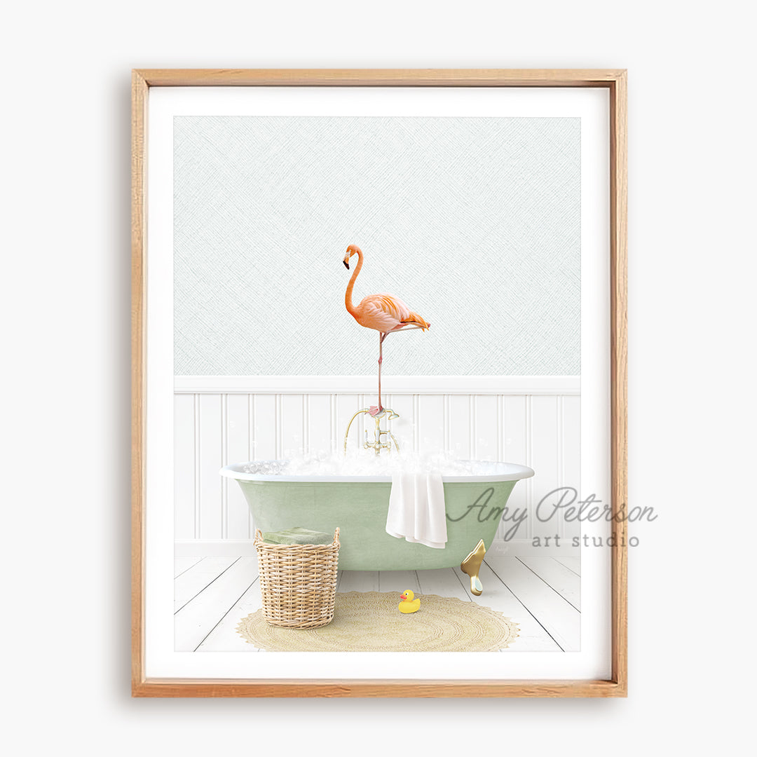 a pink flamingo standing on a bathtub in a bathroom