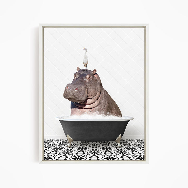 A large hippopotamus is sitting in a bathtub filled with water, with a white bird perched on its head.