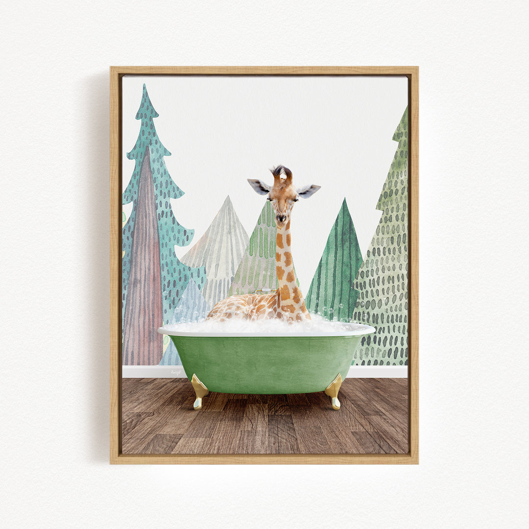 A giraffe is sitting in a green bathtub, surrounded by a forest-themed background with trees and a snowy landscape.