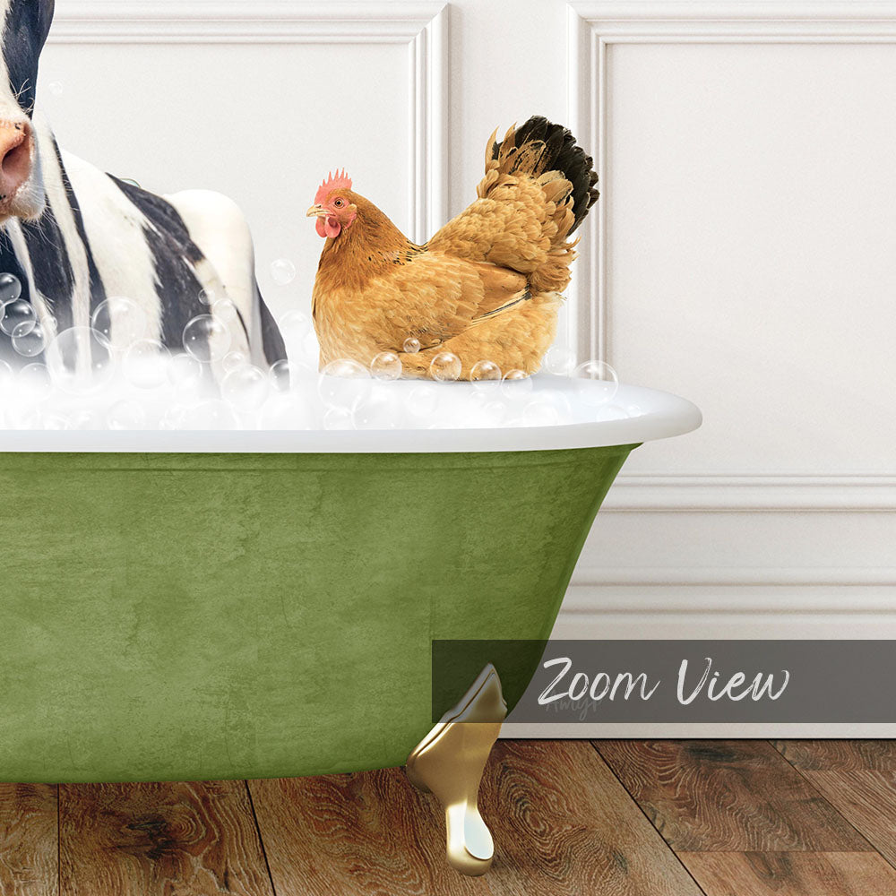 A chicken is sitting in a green bathtub filled with bubbles, while a zebra is standing nearby.
