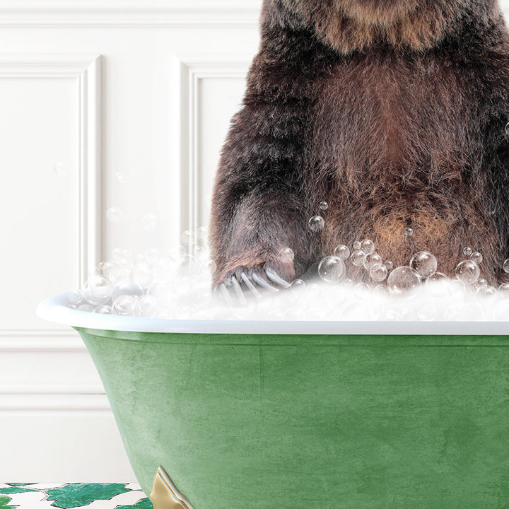 a large brown bear sitting in a bath tub