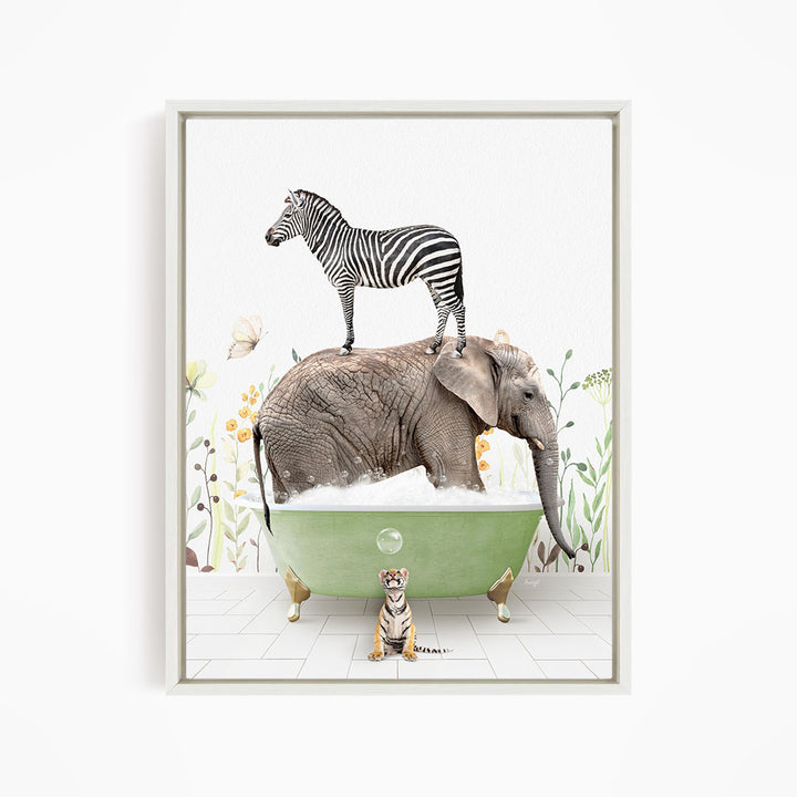A zebra stands on the back of an elephant, which is submerged in a green bathtub, with a tiger sitting nearby.