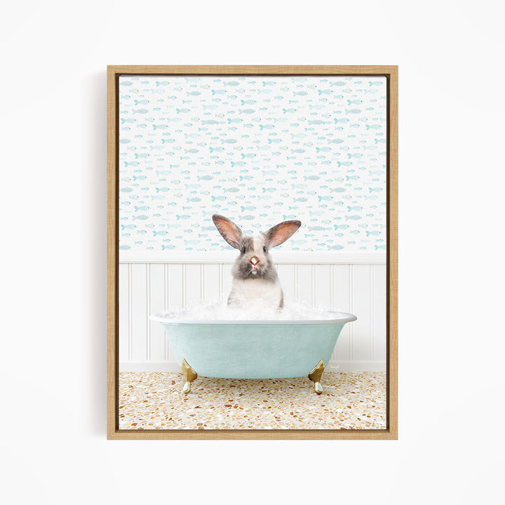 A rabbit sitting in a bathtub filled with water, surrounded by a patterned wall and a tiled floor.