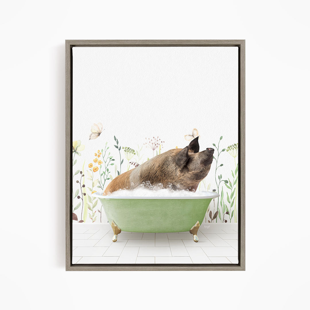 A brown pig is sitting in a green bathtub filled with bubbles, surrounded by a floral background.