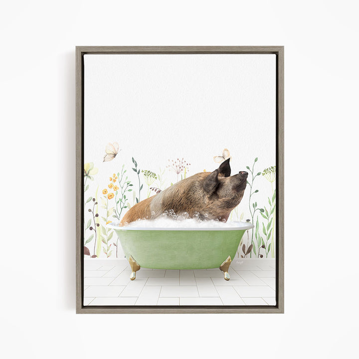 A brown pig is sitting in a green bathtub filled with bubbles, surrounded by a floral background.