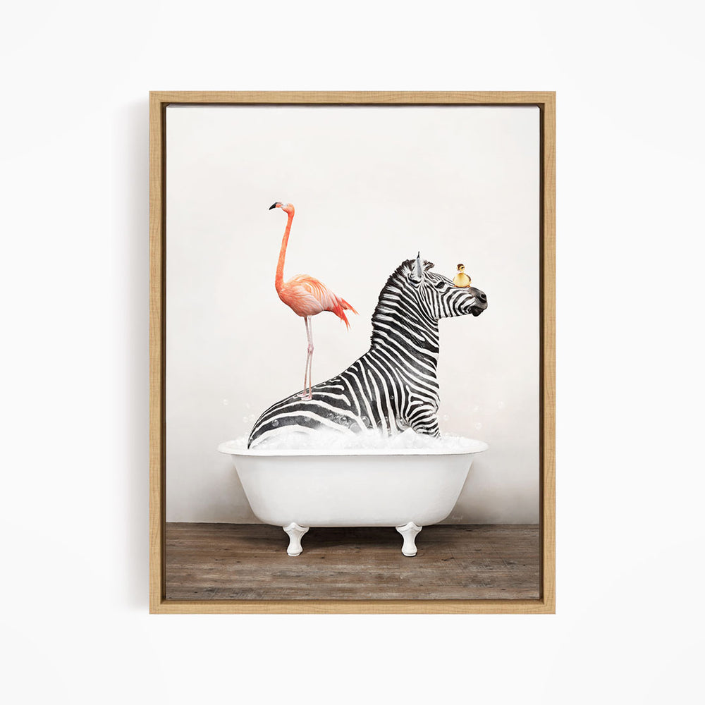 A zebra is sitting in a white bathtub, with a flamingo standing on its back legs and a bird perched on its head.
