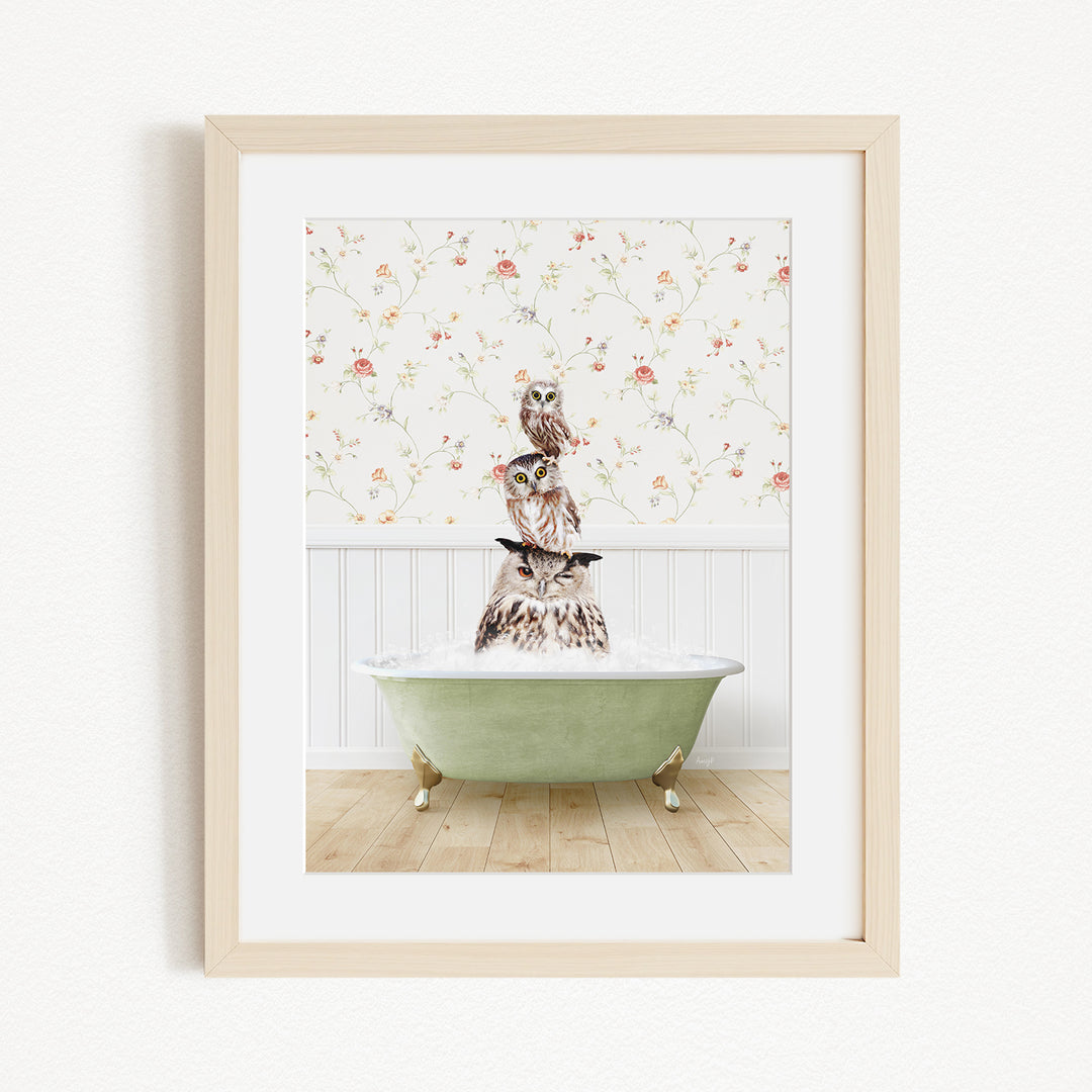 A framed image depicting a group of owls sitting in a green bathtub, with a floral wallpaper in the background.