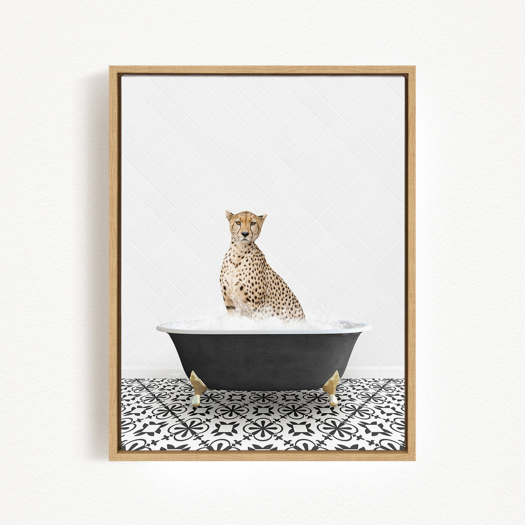 A cheetah sitting in a bathtub filled with water, surrounded by a black and white patterned floor.