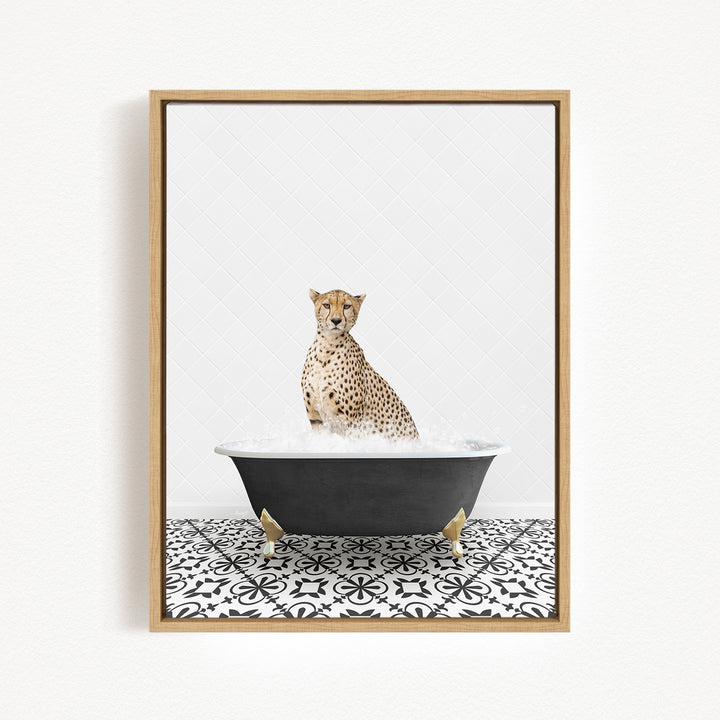 A cheetah sitting in a bathtub filled with water, surrounded by a black and white patterned floor.