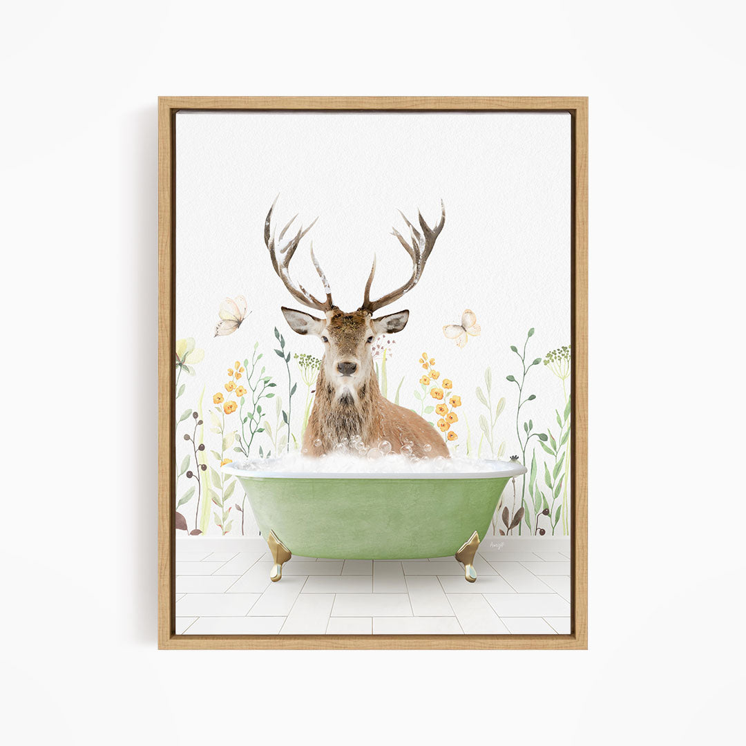A deer with antlers is sitting in a green bathtub filled with bubbles, surrounded by flowers and butterflies.