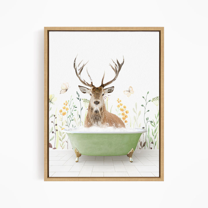 A deer with antlers is sitting in a green bathtub filled with bubbles, surrounded by flowers and butterflies.