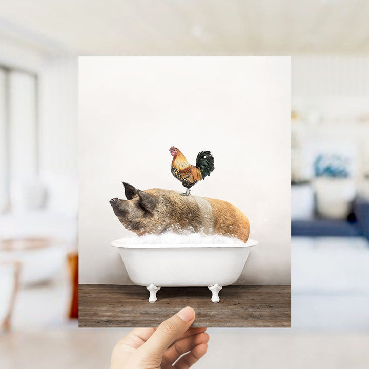 A rooster sits atop a pig in a bathtub, creating a whimsical and amusing scene.