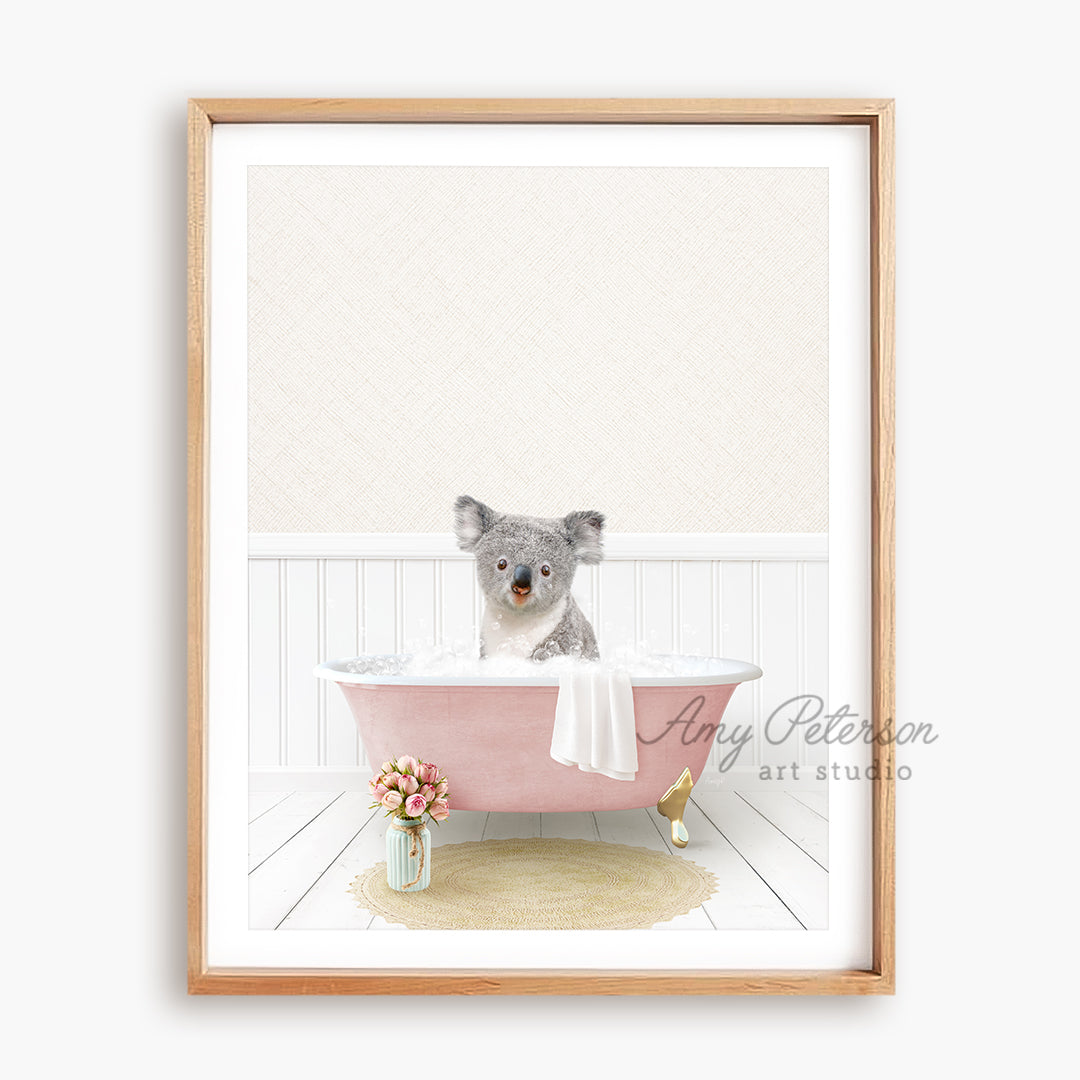 a picture of a koala in a pink bathtub