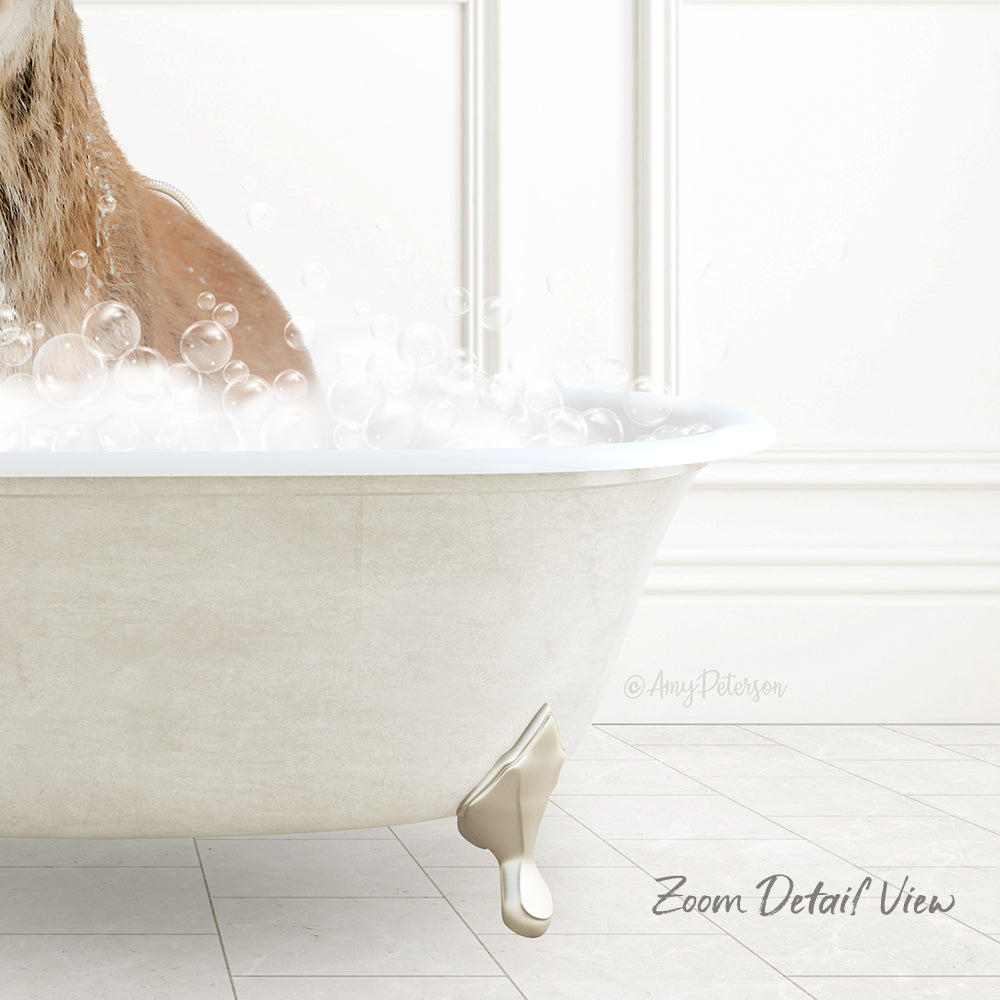 A dog is sitting in a bathtub filled with bubbles, enjoying a relaxing bath.