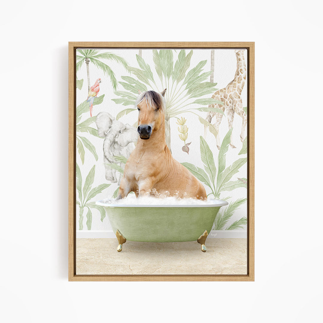 A light brown horse is sitting in a green bathtub filled with water, surrounded by tropical plants and animals, such as a giraffe and a parrot, in a whimsical and playful scene.