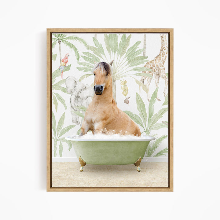 A light brown horse is sitting in a green bathtub filled with water, surrounded by tropical plants and animals, such as a giraffe and a parrot, in a whimsical and playful scene.