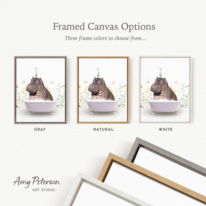 three framed canvas options featuring a hippopotamus in a bathtub, with each option having a different frame color: gray, natural, and white.