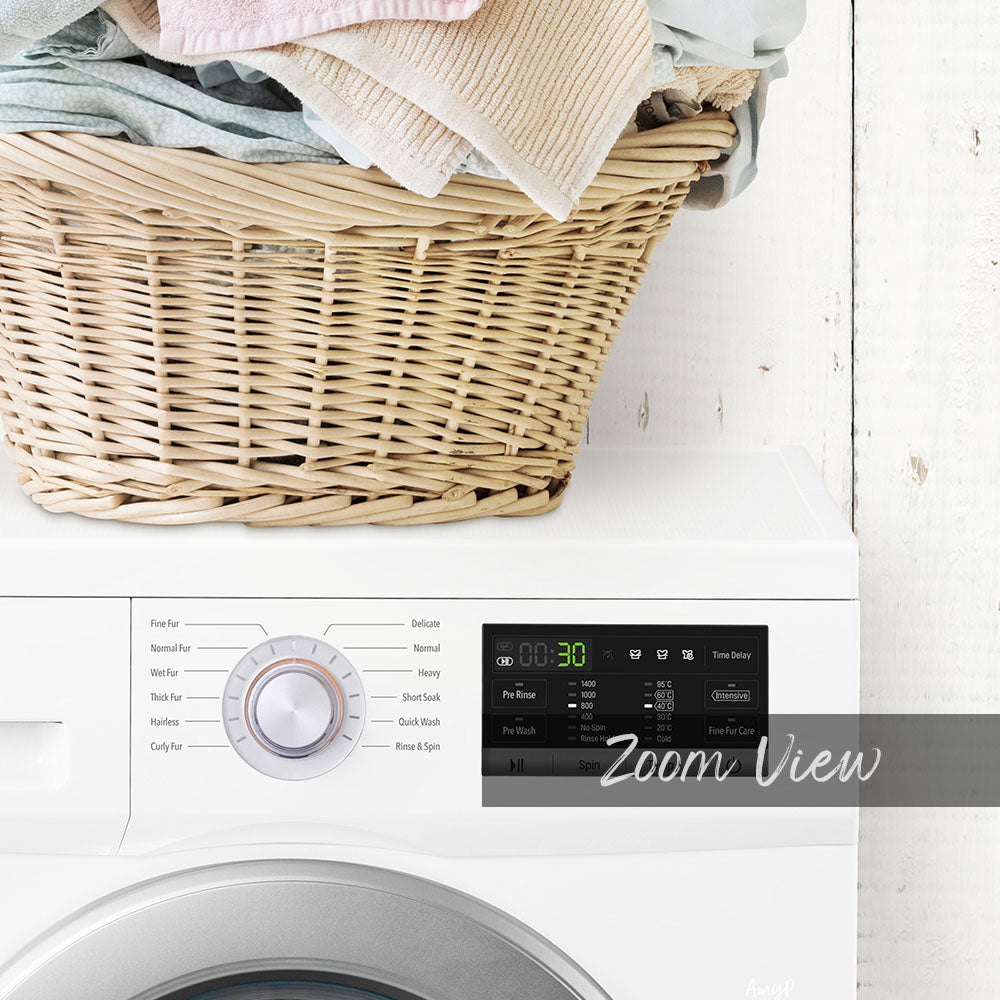 A white washing machine with a wicker basket filled with clothes, and a control panel with various settings and a digital display.