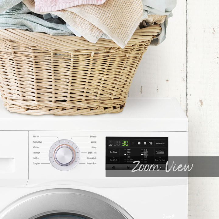 A white washing machine with a wicker basket filled with clothes, and a control panel with various settings and a digital display.