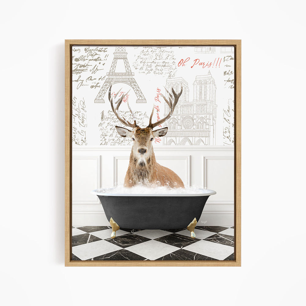 A deer with antlers is sitting in a bathtub filled with water, surrounded by a black and white checkered floor and a wall with the Eiffel Tower and other Parisian landmarks.