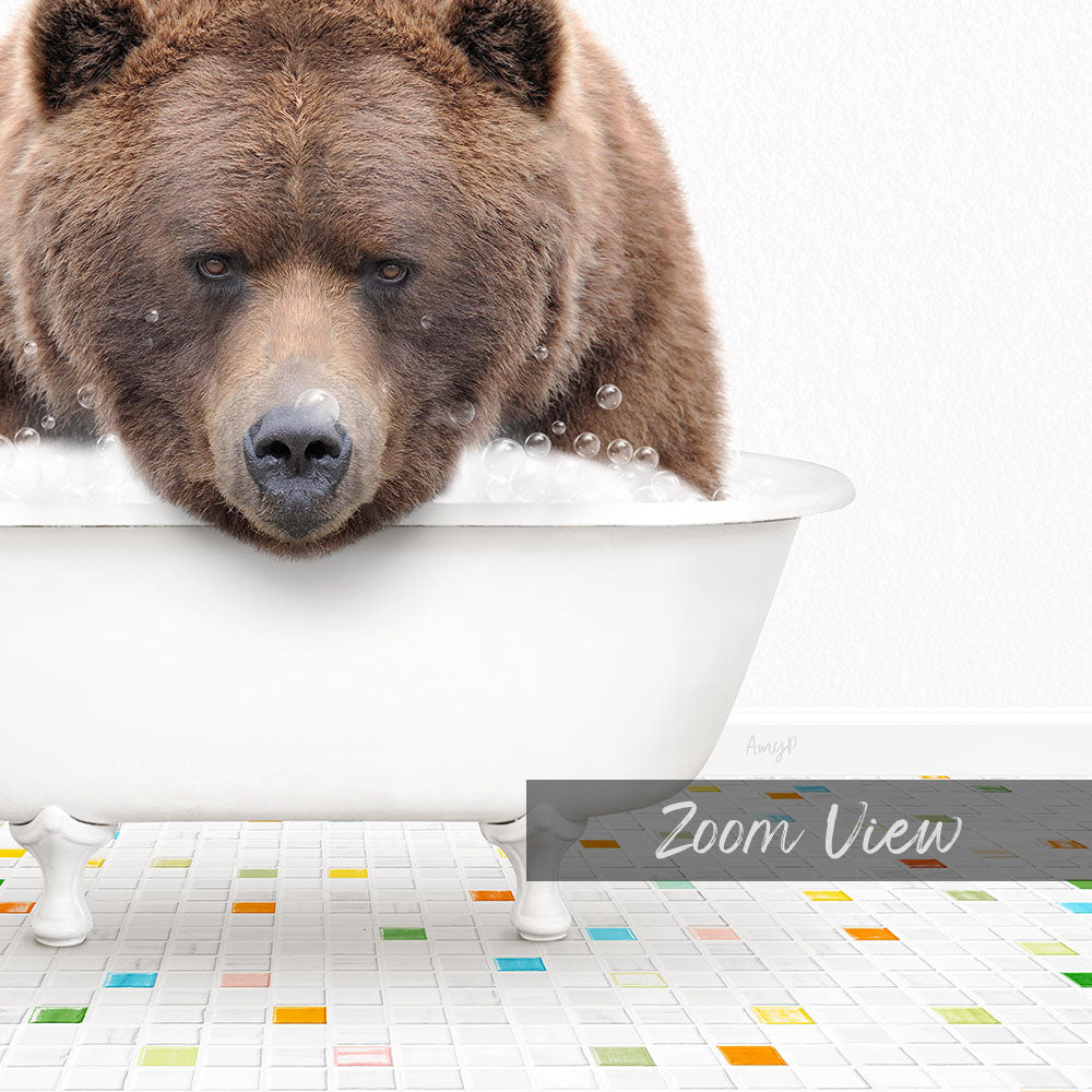 A large brown bear is sitting in a white bathtub filled with water, surrounded by colorful tiles on the floor.
