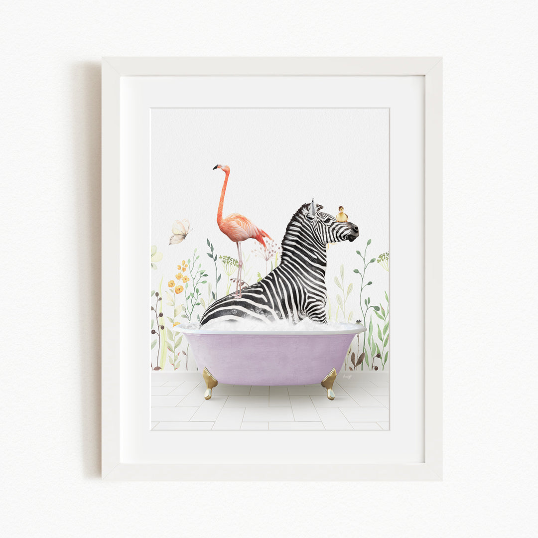 A zebra is sitting in a purple bathtub, surrounded by a pink flamingo, a yellow bird, and a pink and white butterfly.