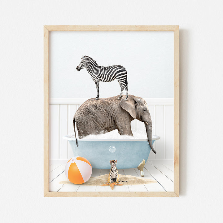 a picture of a zebra and an elephant in a bathtub