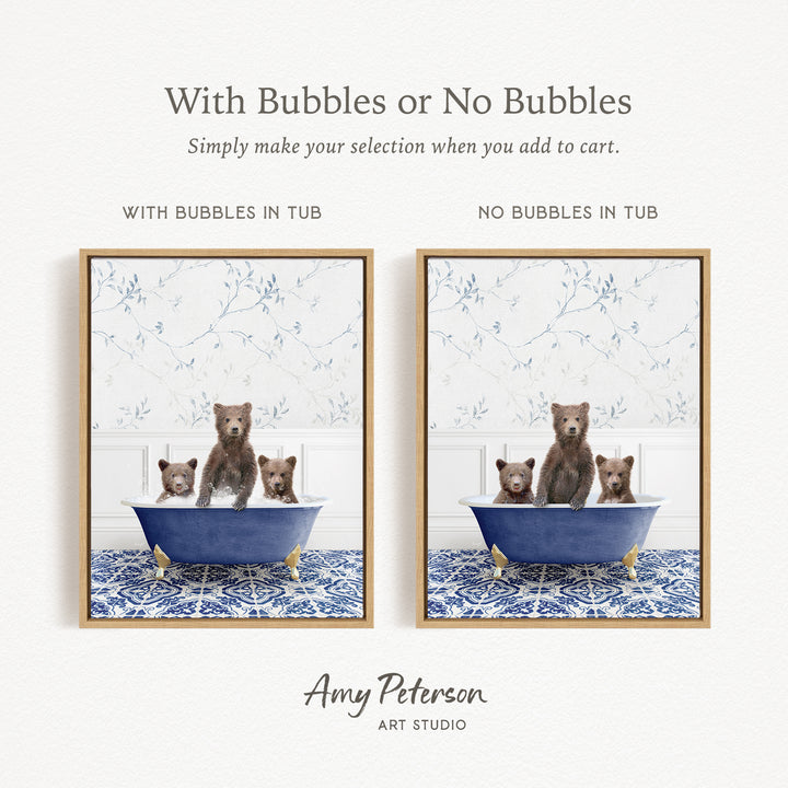 The image is a collage of two framed pictures, each depicting a bear sitting in a bathtub. The bears are brown and appear to be enjoying their time in the tub. The text above the images reads "With Bubbles or No Bubbles" and below the images, it says "Simply make your selection when you add to cart."