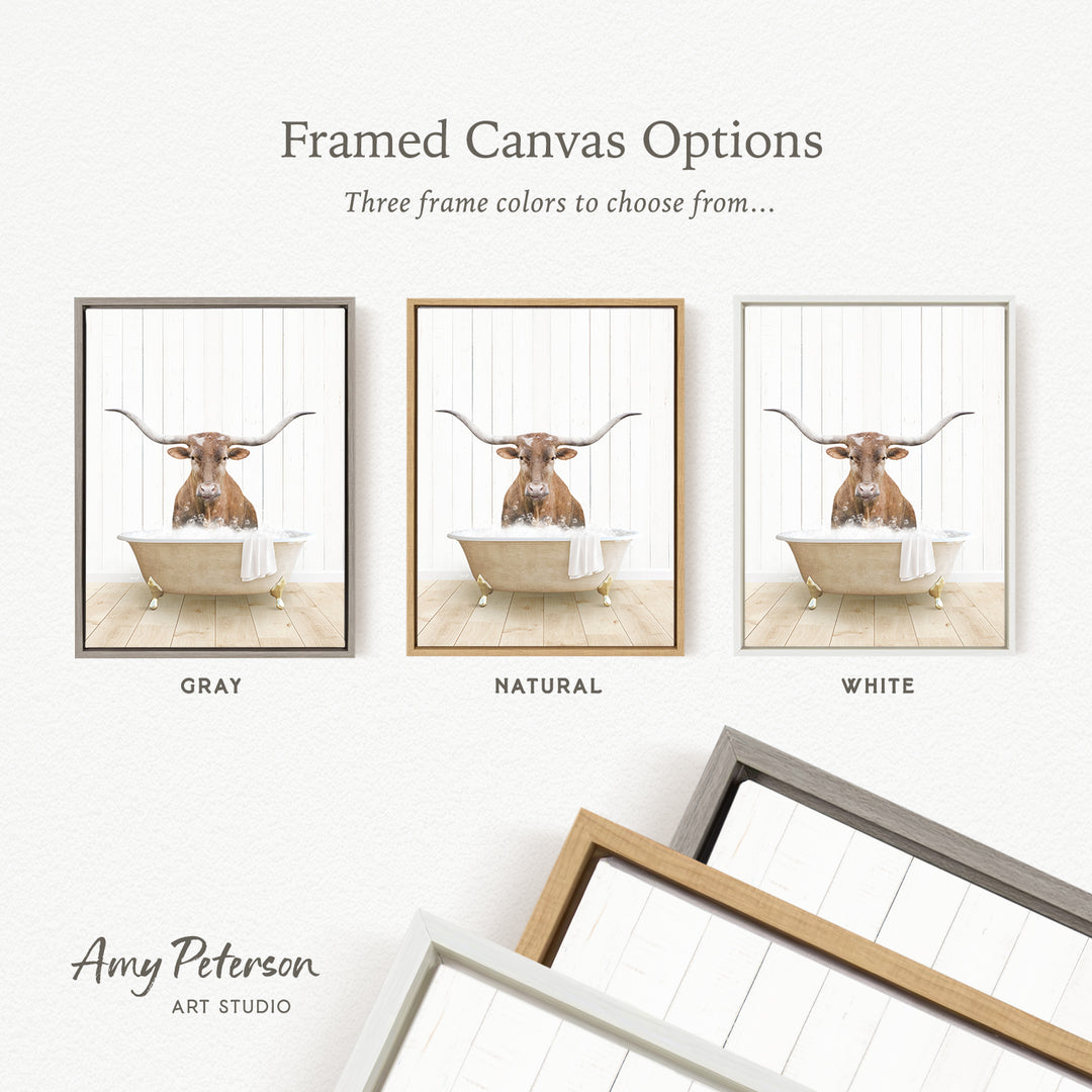 three framed canvas options featuring a picture of a cow sitting in a bathtub, with each option having a different frame color.