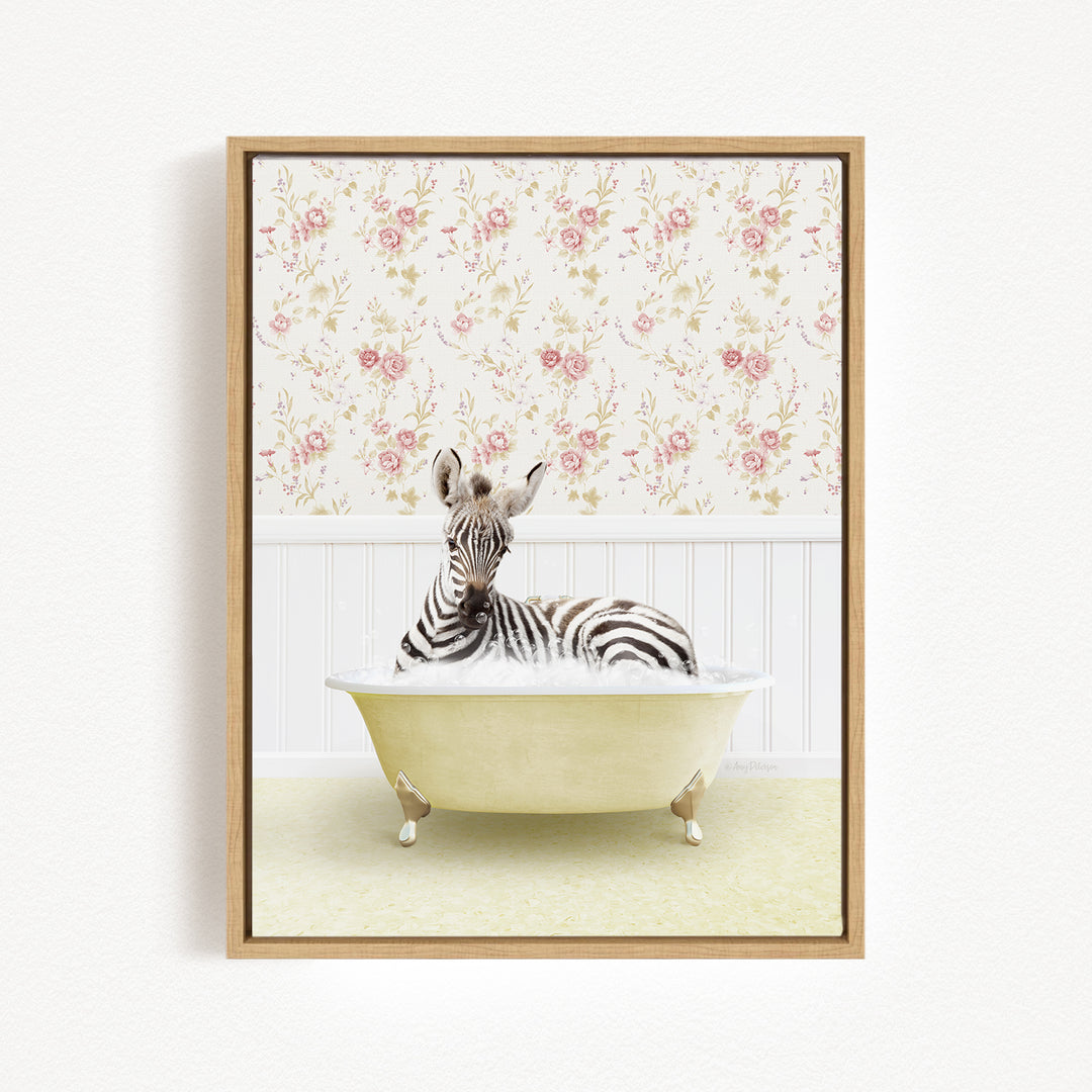 A zebra is sitting in a bathtub, surrounded by a floral wallpaper.
