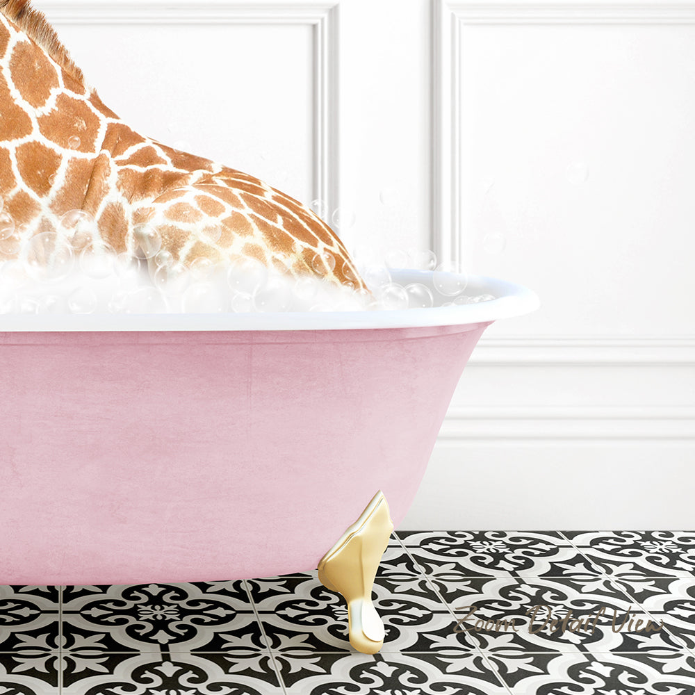 A giraffe is sitting in a pink bathtub filled with bubbles, creating a whimsical and playful scene.