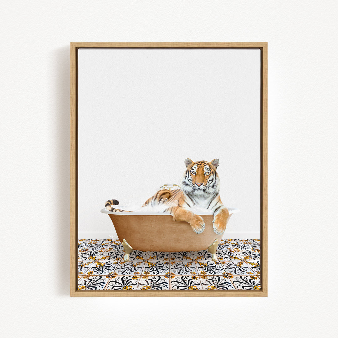 A tiger is sitting in a bathtub filled with water, surrounded by a patterned tile floor.