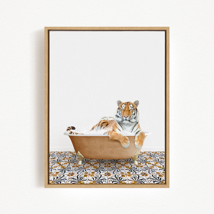 A tiger is sitting in a bathtub filled with water, surrounded by a patterned tile floor.