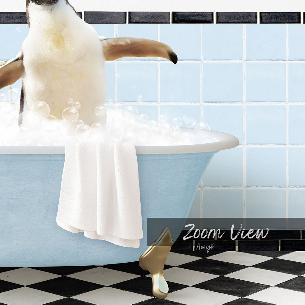 A penguin sitting in a blue bathtub filled with bubbles, with a towel draped over its back and a checkered floor in the foreground.