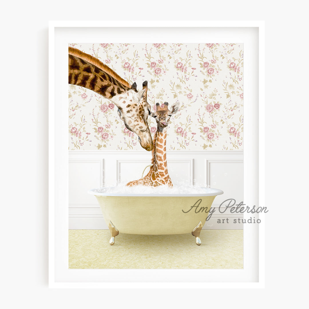 a giraffe and a baby giraffe in a bathtub