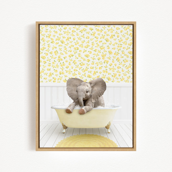 A baby elephant sitting in a bathtub filled with water, surrounded by a yellow floral pattern on the walls.