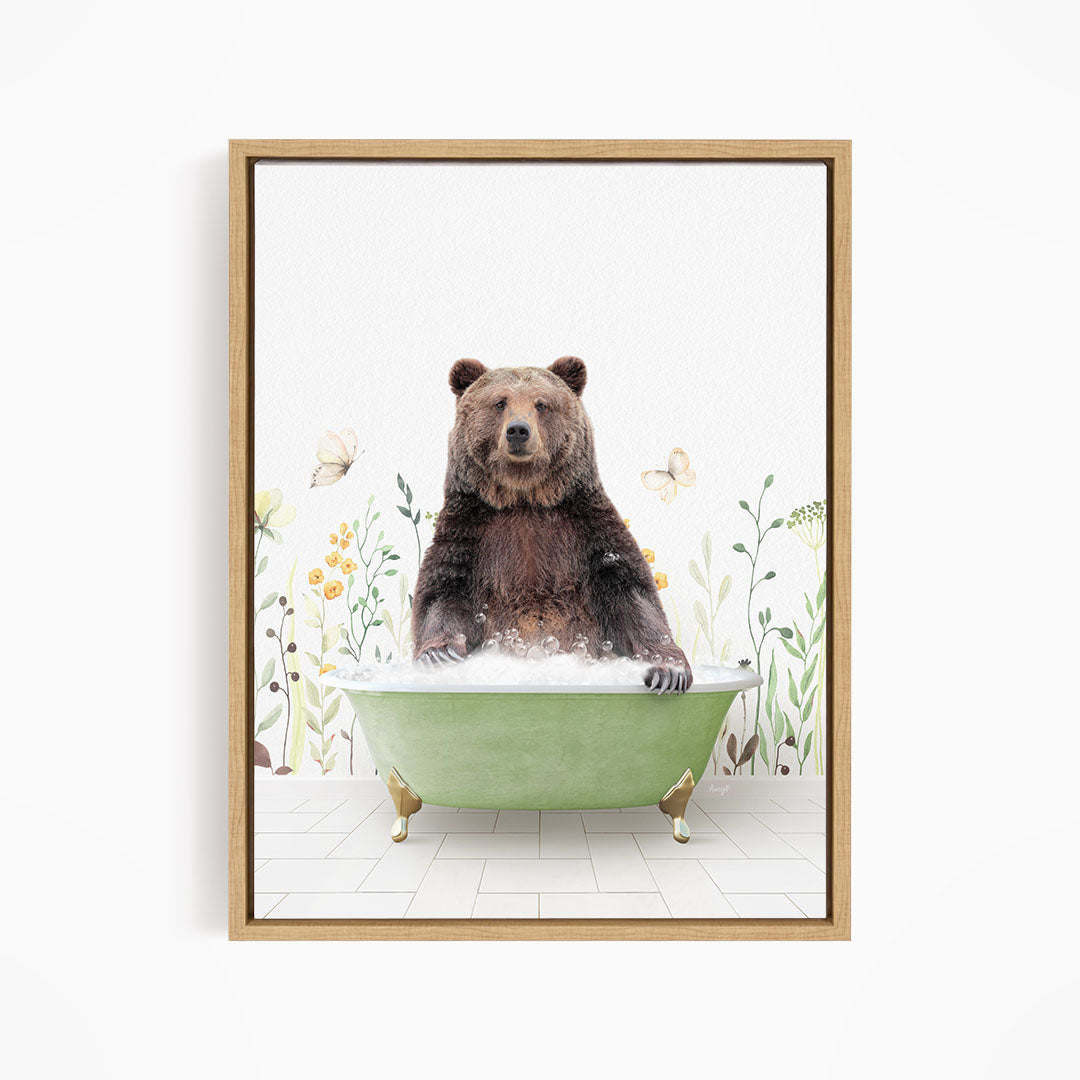 A brown bear sitting in a green bathtub filled with bubbles, surrounded by flowers and butterflies.