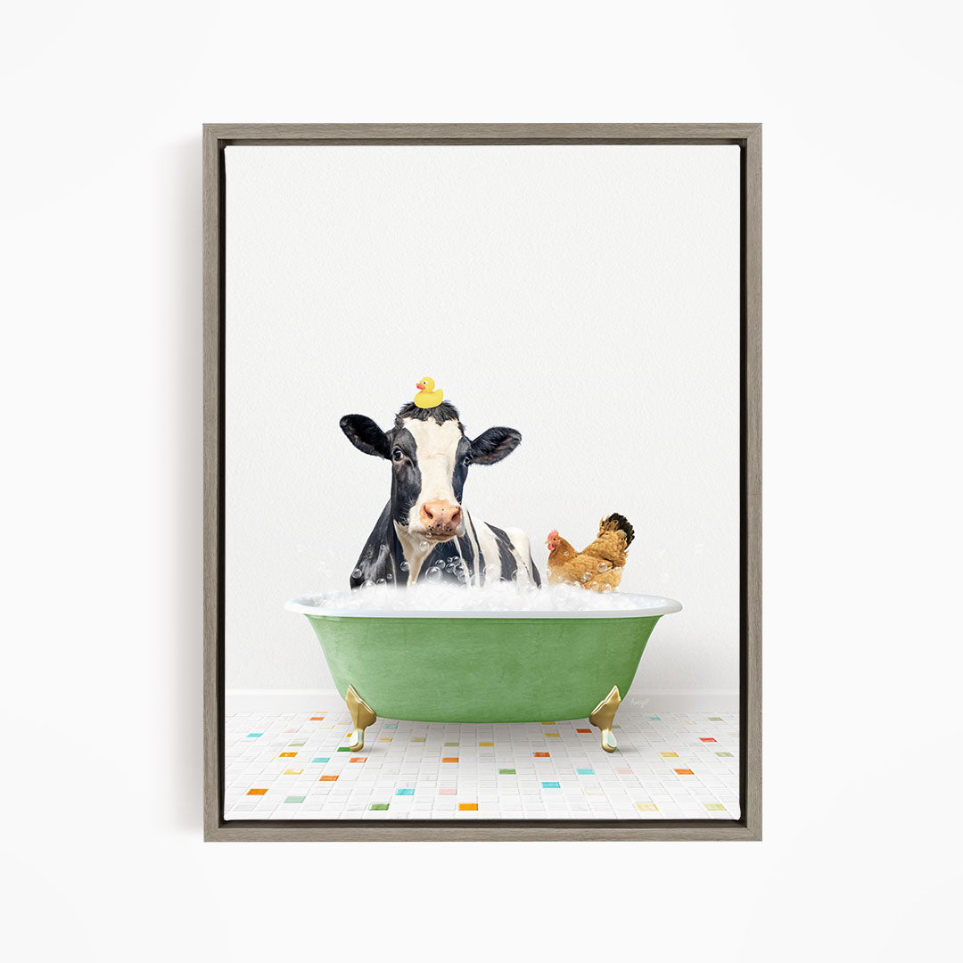 A black and white cow with a yellow duck on its head is sitting in a green bathtub, surrounded by a chicken and a duck.