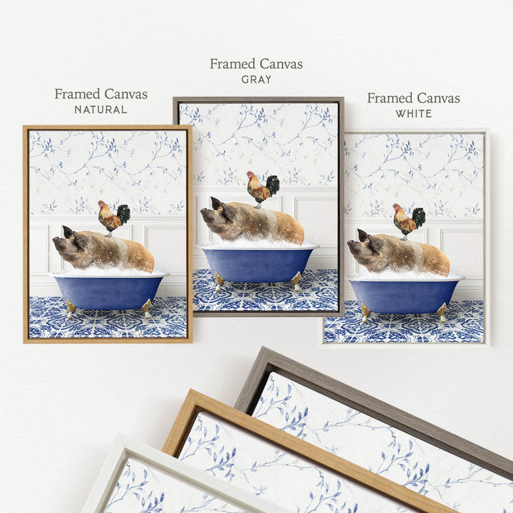 The image is a framed canvas depicting a pig sitting in a bathtub, with a rooster perched on its back. The image is labeled as " Framed Canvas" in three different color schemes: "Natural", "Grayscale", and "White".