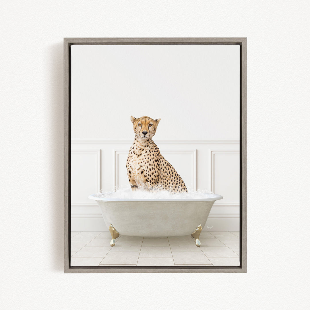 A cheetah sitting in a white bathtub filled with water, looking directly at the camera.